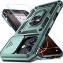 Janmitta Case for iPhone 14 & iPhone 13 Phone Cover Built in Slide Camera Lens Cover+Screen Protector,Heavy Duty Shockproof Full Body PhoneCase with Finger Ring Holder Kickstand,Dark Green