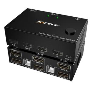 KCEVE KVM Switch 2 Monitors 2 Computers, HDMI KVM Switch Dual Monitor for 2 Computer Share 2 Monitor and 4 USB Devices, 4K@30Hz 1080P@120Hz, with Wired Remote, USB Cable
