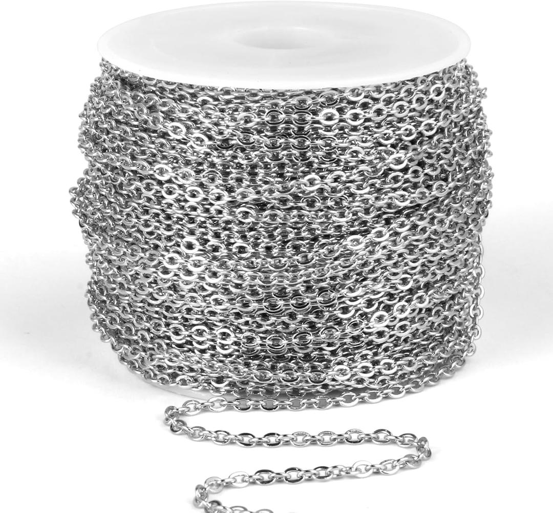 [66 Feet/ 20M] Stainless Steel Chain Bulk, 2mm 304 Stainless Steel Chains Flat Cable Link Chain Bulk for Jewelry Making DIY Craft (2.0mm width)