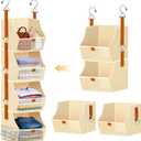 Fabric Hanging Closet Organizer Heavy Duty Shelf Hanging Storage Towel Clothes Sweater Jeans Bag Organizer For Closet For Bedroom,Dorm,RV,See Through Front Panel, Space-Saving (Beige-4Tier)