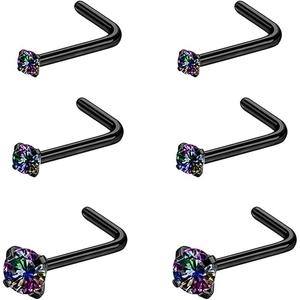 4-6pcs 20g Nose Rings Studs Surgical Steel Nose Rings CZ L Shaped Corkscrew Nose Ring Studs for Women Men Small Cute Silver Rose Gold Black Nose Rings Stud 1.5mm 2mm 2.5mm 3mm Nostril Piercing jewelry