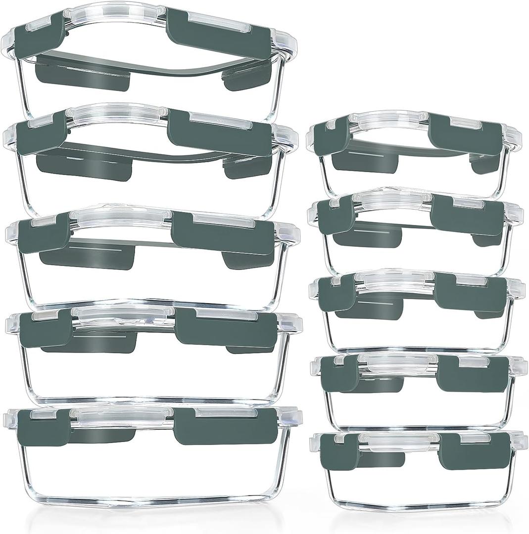 VERONES 10 Pack Glass Meal Prep Containers, Airtight Glass Lunch Containers, Stackable Glass Food Storage Containers Set with Lids, Exclusive of BPA, for Microwave, Oven, Freezer & Dishwasher, Grey