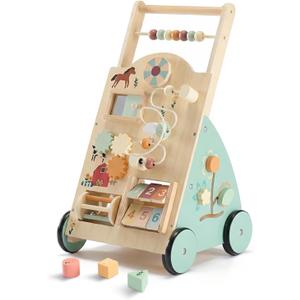 NEWBULIG Wooden Baby Walker for First Steps, Adjustable Speed Push Walker with Montessori Activity Center, Silent Universal Wheels Baby Walking Toys, Natural Wood