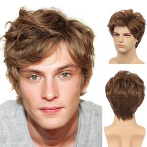 Kaneles Mens Brown Short Wig Curly Synthetic Laeyered Natural Hair Costume Full Wig (Brown) (black)