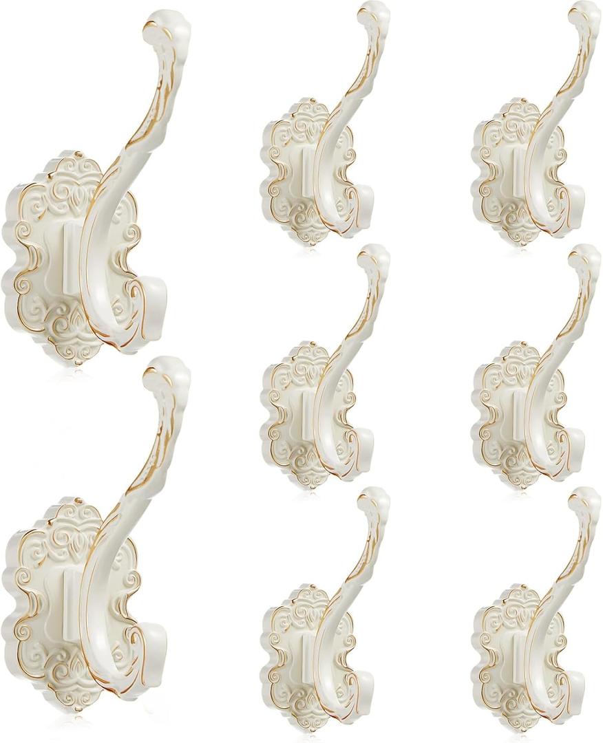 Zonon 8 Pcs White Wall Hooks Set Vintage Coat & Towel Hooks for Entryway, Bathroom, Bedroom Decorative Heavy Duty Wall Mounted Unique French Country Curtain Holder for Keys, Hats Bags, Clothes