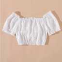 Women's Drawstring Ruched Crop Blouse Bow Tie Ruffle Short Sleeve Going Out Tops (White, S)