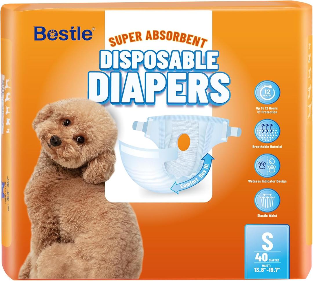 Bestle Disposable Female Dog Diapers, 40 Count, S (Waist 16.9-19.7), Wetness Indicator, Ultra Protection, Leak Proof, Super Absorbent, Soft