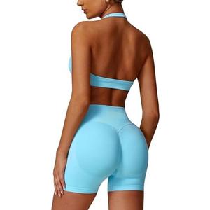 ABOCIW Workout Sets for Women 2 Piece seamless Halter Sports Bra Scrunch Butt Impact Shorts Gym Yoga Outfits size M