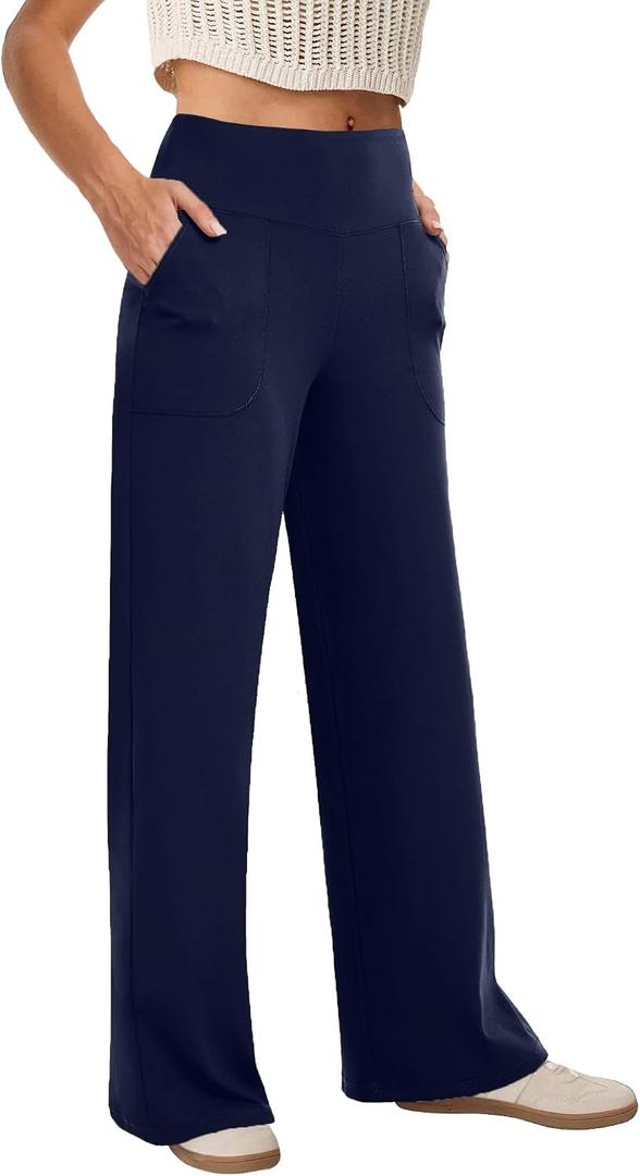 COPYLEAF Wide Leg Pants Woman High Waist Yoga Pants with Pockets Loose Stretch Dress Work Sweatpants Casual Lounge(Navy Blue XL)