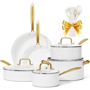 Ceramic Cookware Set, VONIKI 16 Pcs Pots and Pans Set Non Stick, Kitchen Cookware Sets with Cooking Utensils Set, Non Toxic Cookware Set White Gold Pan Set for Cooking Pot Oven & Dishwasher Safe, Gift