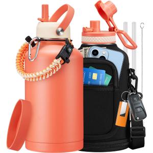 64 oz Water Bottles Insulated - Cold 48H Hot 24H, Half Gallon Water Jug w/ Straw & Spout Lid, Handle Strap Carrier Bag, Leak Proof 2Liter Stainless Steel Thermo Flask for Gym Sports Work Coral Orange