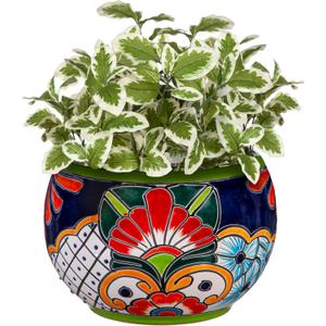 Evergreen Garden Talavera Mexican Pottery Ceramic Green Detailed Baul | Flower Pot Plant Succulent | Indoor Outdoor (9 inch)