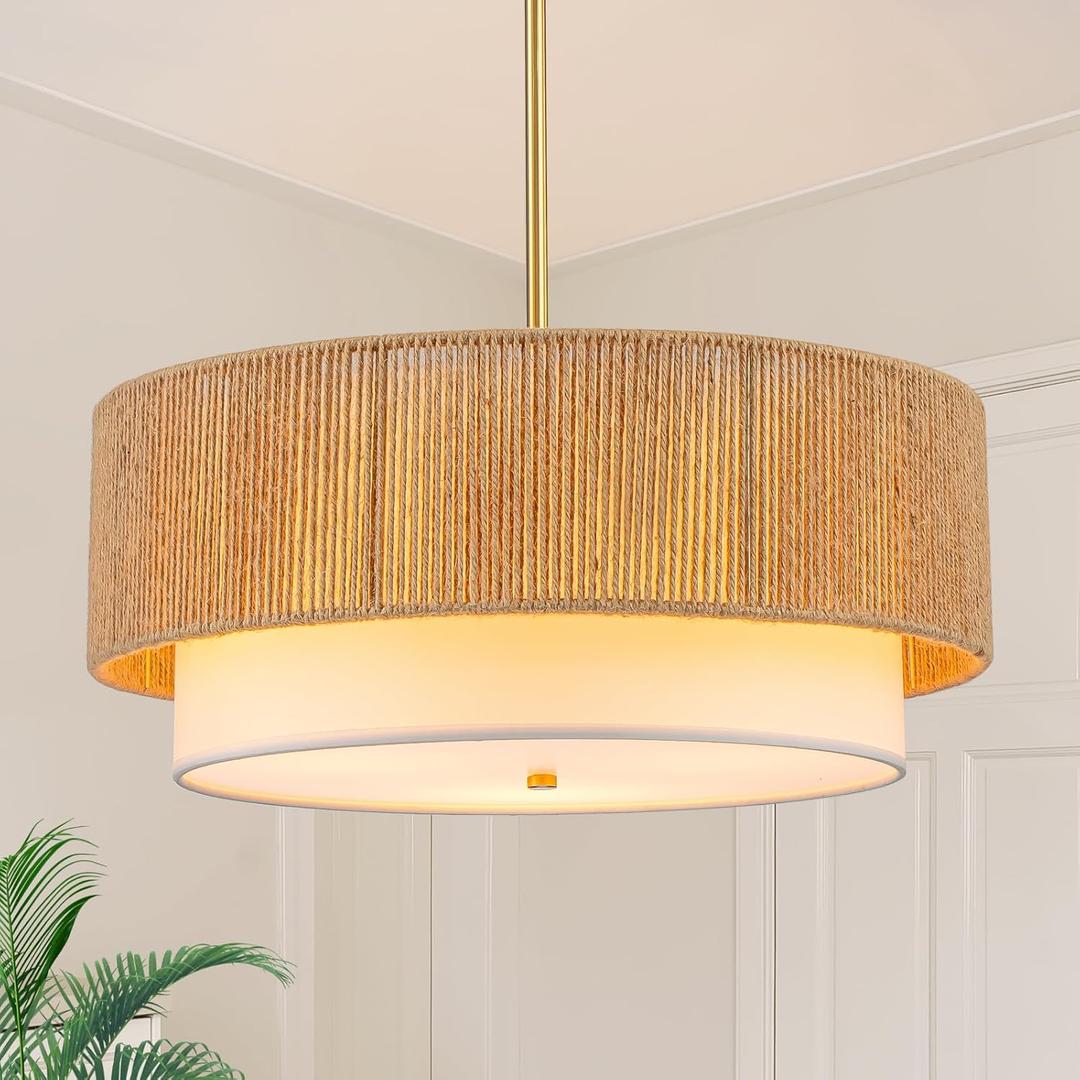 SineRise 18'' Farmhouse Rattan Chandeliers for Dining Room,3-Light Boho Light Fixtures Rattan Pendant Light Fixture with Fabric Shade Drum Chandeliers for Bedroom Dining Room Foyer Kitchen Hallway