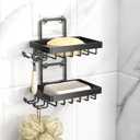 Moforoco Double Soap Bar Holder for Shower, No Drilling, 304 Stainless Steel, Wall Mounted Soap Holder with 4 Hooks and Razor Holder, Shower Rack Soap Tray Bar Soap for Bathroom Accessories Organizer (2-T, Black)