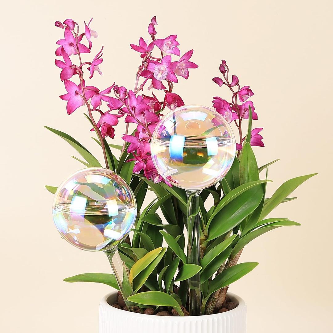 2 x 6.4 oz Medium Plant Self Watering Globes, Light Iridescent Glass Water Bulb for Indoor Plants Vacation Use, Automatic Plant Waterer, Watering Spikes Stakes, Perfect Gardening Gifts, 2 Pack