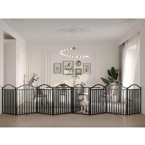 BHG Metal No-Assembly Freestanding Dog Gate with Door Walk Through, Extra Wide 96", Extra Tall 32" Pet Gate, Accordion Puppy Folding Playpen Dog Fence, with 4PCS Support (Black, 8 Panels)
