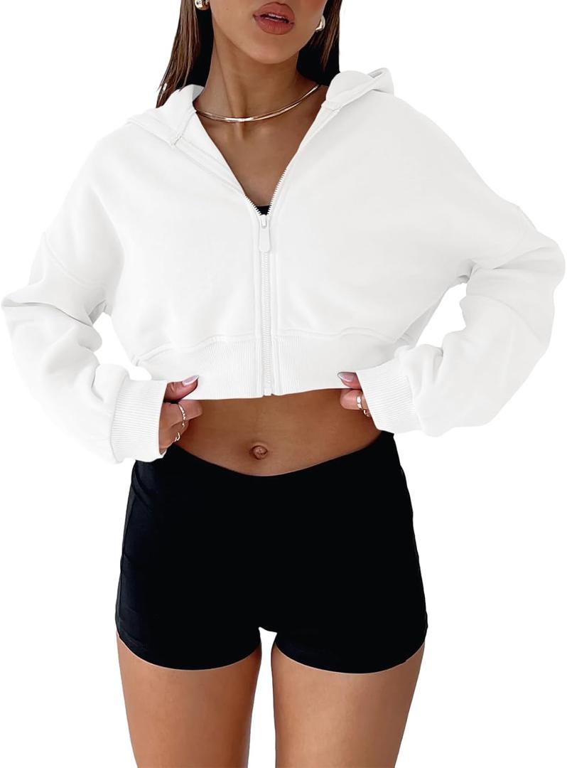 Aurgelmir Women's Cropped Zip Up Hoodie Sweatshirts Long Sleeve Casual Loose Y2K Pullover Tops (Medium, White)