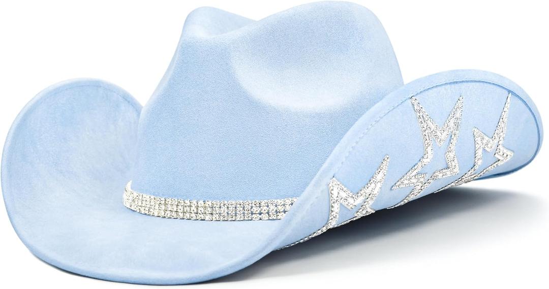 Keilin Rhinestone Cowgirl Hat Disco Cowboy Hat Felt Western Nashville Bachelorette Party Hat for Teens and Adults (6 3/4-7 3/8, Blue)