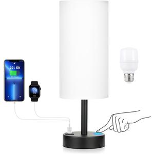 Bedside Touch Table Lamps for Bedroom Nightstand with USB-C USB-A Charging Ports White, 3 Way Dimmable Small Lamp Fabric Shade Black Base for Office, Living Room, Dorm Room Reading (14in)