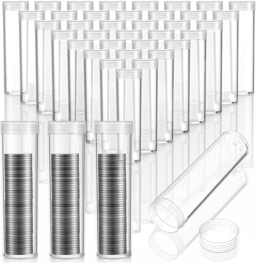 50 Pcs Quarter Tubes for Coins 5 x 1 Inch Clear Plastic Quarter Storage Tubes with Screw Lid Containers for Coins Collection Supplies
