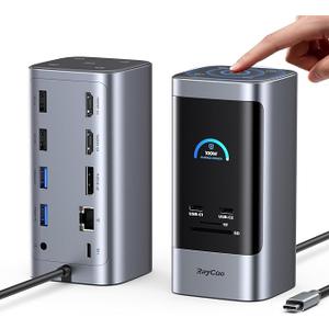 RayCue 15 in 1 Laptop Docking Station 3 Monitors, Triple 8K Display with 3 HDMI, 6 USB Ports, 5 Shortcut Button, Gigabit Ethernet, PD3.0, Smart Display for Windows/Dell/Lenovo/HP...(No Power Adapter)