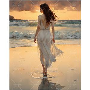 Romantic Paint by Numbers Kit for Adults - DIY Woman Walking by Ocean Sunset Painting on Canvas, Acrylic Paint Set, Suitable for Beginners, Art for Home Decoration or Gifts(16X20IN Framed)