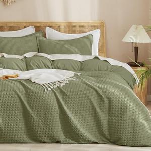Waffle Weave Duvet Cover Set Queen Size, No Snagging Ultra Soft Luxury Textured Breathable Comforter Cover for All Season 3pcs, Durable Bedding Duvet Set with 2 Pillow Shams, 90"x90", Green