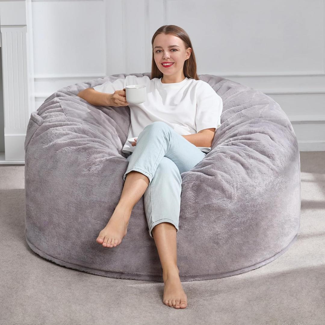 Hobestluk 4ft Bean Bag Chairs for Adults Large Beanbag Chair with Plush Faux Fur Cover Big Bean Bag Chair for Living Room Bedroom Dorm Office - Grey (44 x 44 x 24)