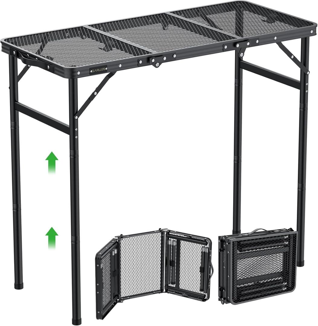 GARLLEN Folding Grill Table, 3-Height Adjustable Lightweight Grill Table with Heat-Resistant Tabletop, Portable Aluminum Camping Table for BBQ, Picnic, Cooking, 35.4" L x 15.7" W, Threaded Install