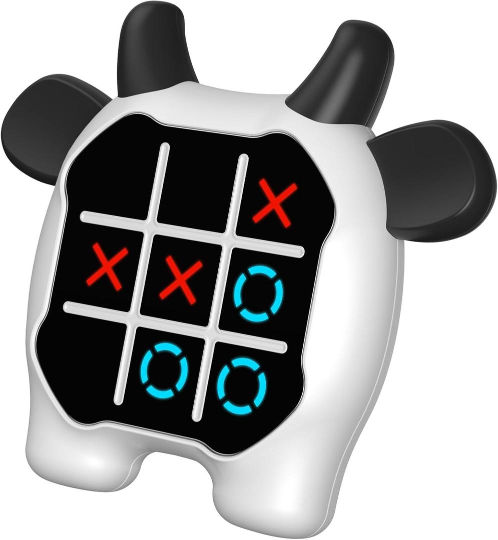 Tic Tac Toe Game, Animal-Themed 3-in-1 Handheld Puzzle Game Console, Board Games for Kids and Adults, Portable Travel Games for Car Ride, Birthday Gifts for Ages 3+,Cow