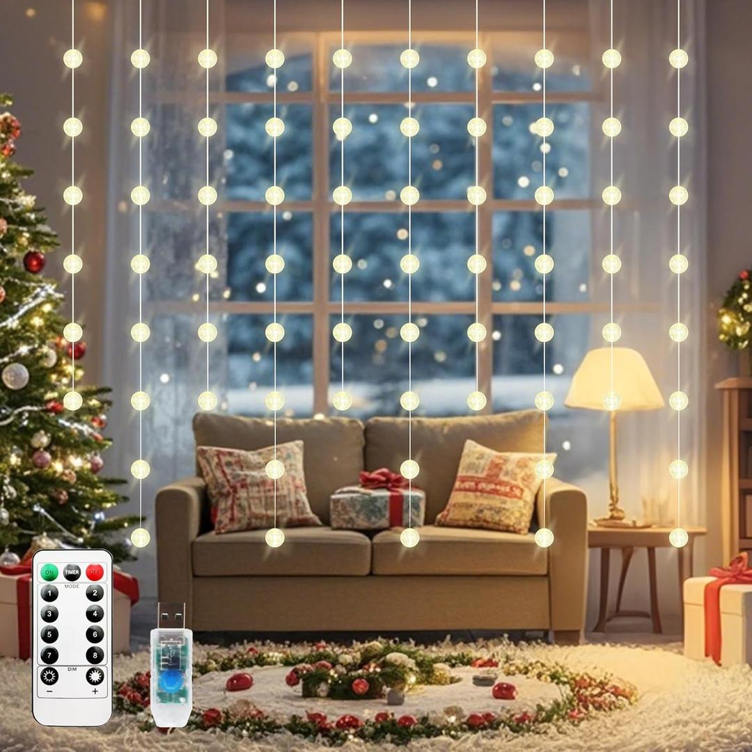 Ball Curtain Lights, Warm White Window Light 70 Balls Hanging Lights with Remote Fairy Led Twinkle String Light Home Bedroom Wall Ceiling Dcor for Christmas, Wedding, Party, Birthday