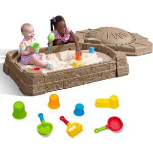 Step2 Naturally Playful Sandbox II, Kids Sand Activity Sensory Play Pit, Summer Outdoor Toys, 7 Piece Water Toy Accessories, for Toddlers 1+ Years Old, 50.38"l X 31.25"w X 16"h