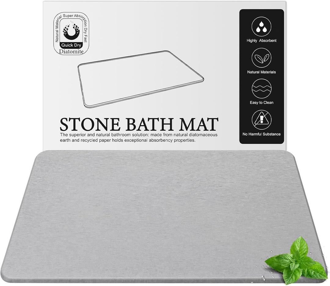 Diatomite Stone Bath Mat, Premium Natural Diatomaceous Earth Shower Drying Mats for Bathroom Floor, Non-Slip with Quick Drying Super Absorbent, Easy to Clean (23.6" x 15.4" Light Grey)