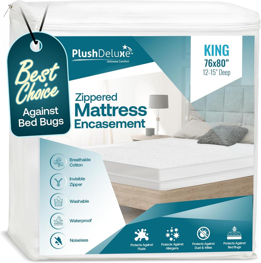 PlushDeluxe Premium 100% Waterproof Mattress Encasement, Breathable Soft Cotton Terry Surface (12"-15" Deep, King 76X80)