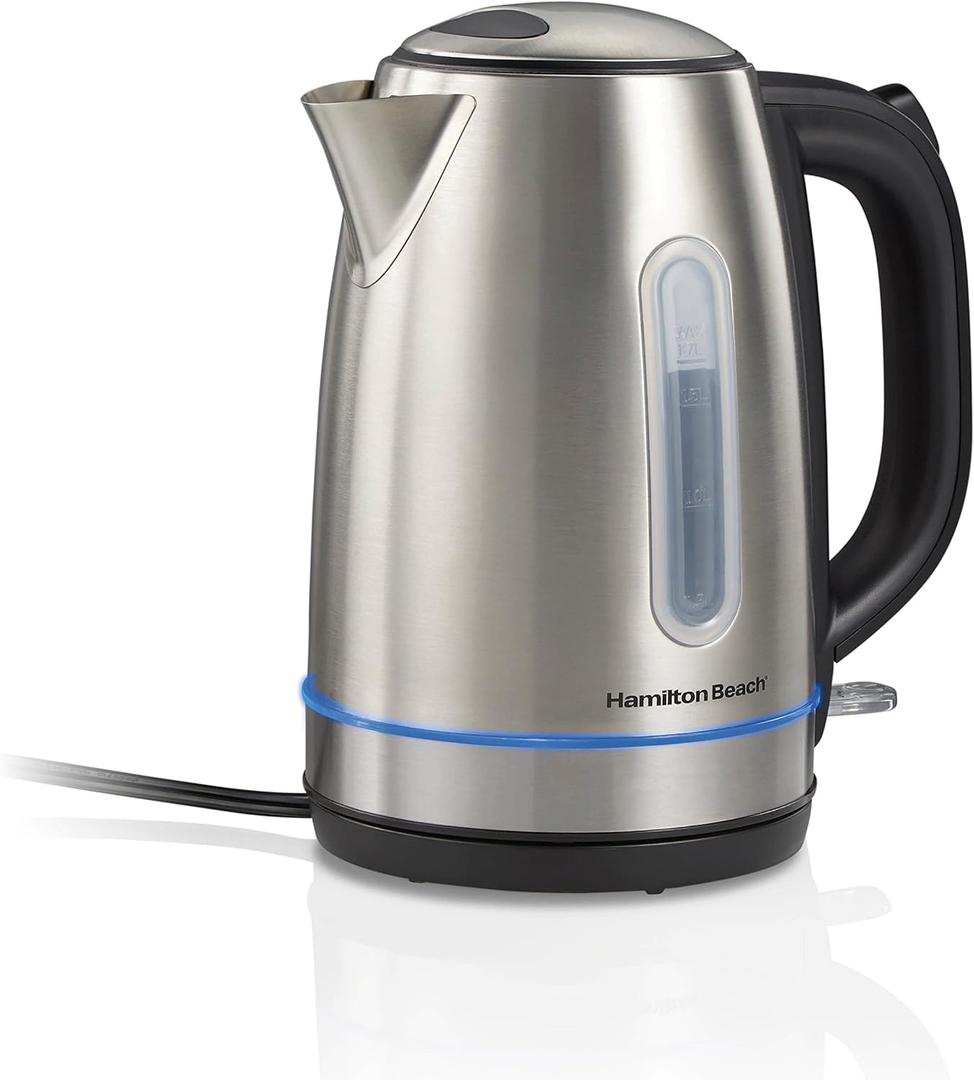 Hamilton Beach Electric Tea Kettle, Water Boiler & Heater, 1.7 Liter, Cordless Serving, 1500 Watts for Fast Boiling, Auto-Shutoff and Boil-Dry Protection, Stainless Steel with LED Light Ring 