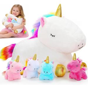 KMUYSL Toys for Girls Ages 0 1 2 3 4 5 6 7 8+ Years - Unicorn Mommy Stuffed Animal with 4 Baby Unicorns in Her Tummy, Soft Unicorn Plush Toys Set, Christmas Birthday Gifts for Baby, Toddler, Kids