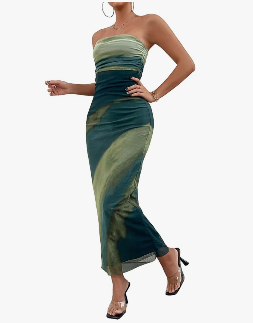 Floerns Women's Graphic Print Strapless Tube Mesh Split Thigh Bodycon Long Dress, Size XL