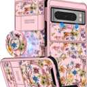 Buleens for Google Pixel 8 Pro Case 6.7 Inch - with Ring Stand & Camera Cover Aesthetic Cute Designed for Women Girls Pretty Girly Floral Butterfly for Pixel 8 Pro Phone Case Compatible with Magsafe (Pink Flowers)