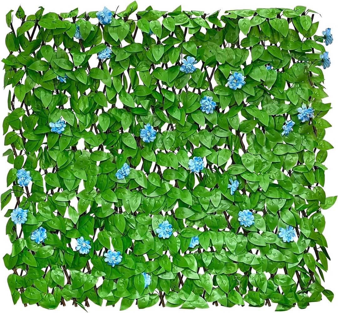 GLANT Expandable Fence Privacy Screen for Balcony Patio Outdoor,Decorative Faux Ivy Fencing Panel,Artificial Hedges (Single Sided Leaves) (1, Blue Flowers)