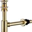 Brass P Trap with Bathroom Sink Stopper: 1-1/4 Sink Drain Round Bottle Trap Set with Overflow - Adjustable Height, Brushed Gold - Complete Basin Sink Plumbing Kit for Pipe Replacement