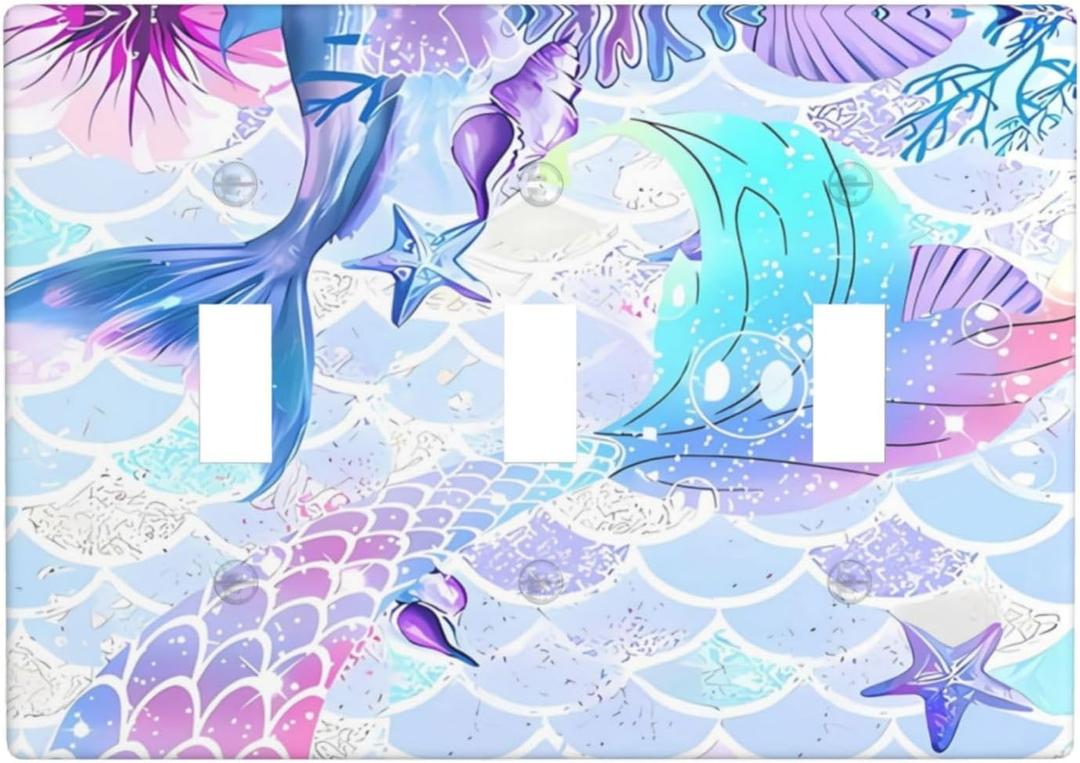 Mermaid Girl Light Switch Cover Plates Decorative 3 Gang Triple Toggle Wall Plate Electrical Switchpalte Faceplate for Kid Bedroom Home Bathroom Decor 6.4" x 4.5" (Mermaid Scales Ocean)
