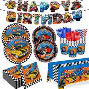 194pcs Birthday Party Decorations Supplies Race Car Plates Napkins Banner Tablecloth Disposable Paper Cups Straws Tableware Set for Kids Boys Birthday Decor 24 Guests