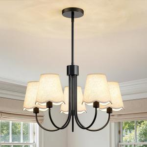 Dining Room Chandelier Light Fixture 5-Light Black Modern Kitchen Chandeliers Over Table Farmhouse Chandeliers with Fabric Shades for Bedroom Living Room Entryway Foyer