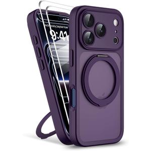 Magnetic for iPhone 17 Pro Max Case 2 x Screen Protector Compatible with MagSafe Translucent Matte Military Grade 17FT Drop Shockproof Full Camera Protection 360 Spin Stand Phone Cover Purple