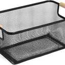 Metal Mesh Steel Basket, Medium Wire Storage Organizer Basket Multi-function Hanging Kitchen Basket with Wood Handle for Kitchen Bathroom Picnic Home, Rectangle-Black