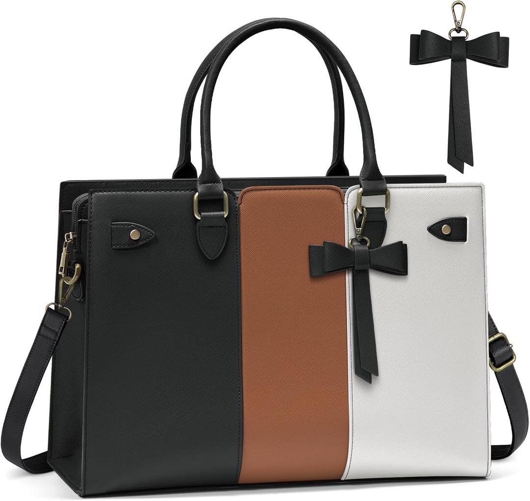 Laptop Bag for Women 15.6 Inch Laptop Tote Bag Waterproof Pu Leather Work Bag Computer Briefcase Office Teacher Handbag (Black and White and Brown)
