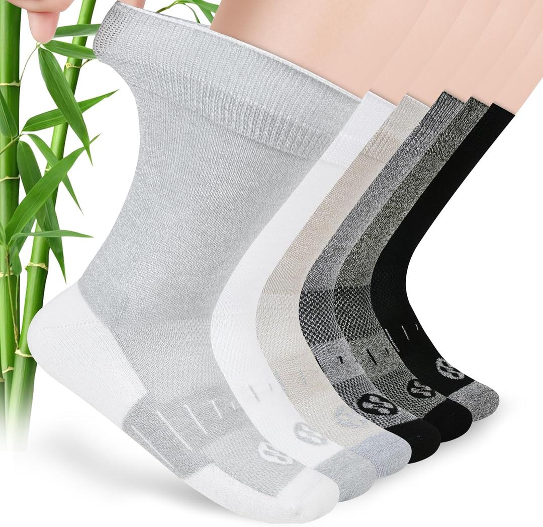 Diabetic Socks for Men,6 Pairs Non Binding Crew Diabetic Socks for Men Size 9-12 (Large, Grey/White/Grey/Yellowish Cyan/Black/Beige)