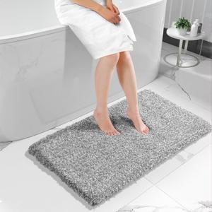 Yimobra Long Bathroom Rug 47"x 24", Super Absorbent Bath Mat, Quick Dry, Luxury Non-Slip Bath Rugs for Tub Side, Double Sink Vanity, Machine Washable, Home Decor Accessories, Light Gray and White