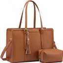 LOVEVOOK Laptop Bag for Women 15.6 inch Lightweight PU Laptop Tote, Large Capacity Computer Bag with Clutch Purse for Business, Work, Office, Travel, School, Casual (Brown & Leather)