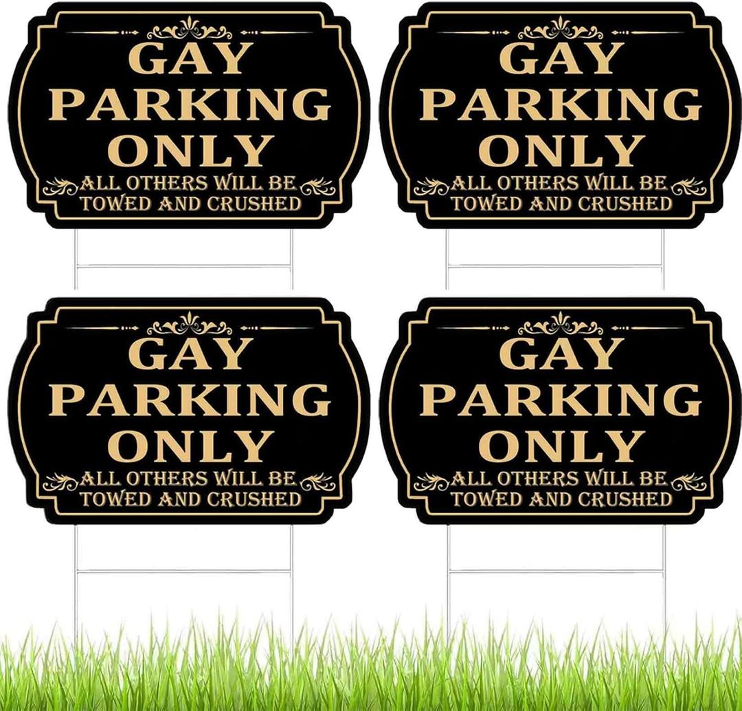 4 pcs Gay Parking Only Sign 12 x 8 Inch Funny Gay Plaque No Parking Signs with Metal Stand Waterproof Plastic. Suitable for Bars, Parking Lots, Outdoor Lawns, etc